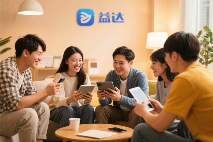 一群年轻用户围坐在一起，使用平板和手机愉快地交流，背景温馨现代，象征88彩应用的社区活跃氛围